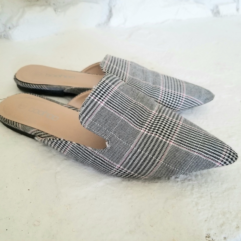 BOOHOO Herringbone Plaid Gray Mules Flats oxfords - Picture 1 of 7